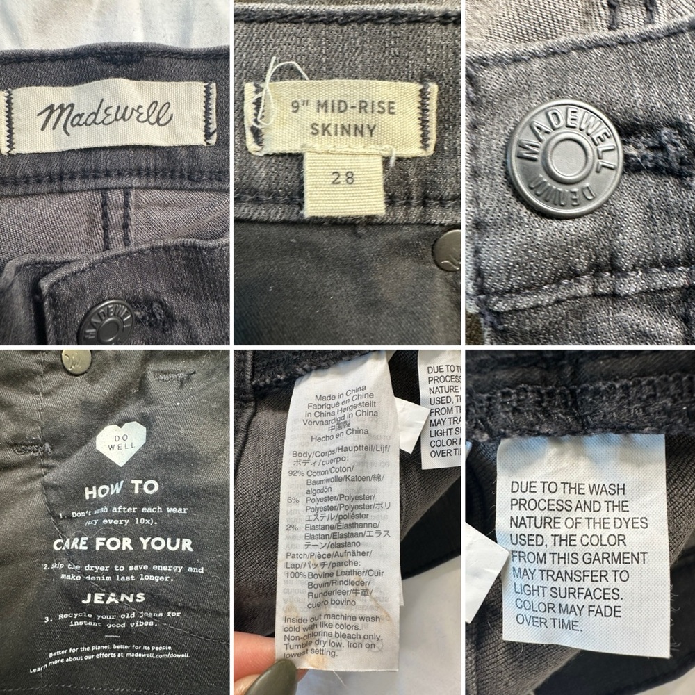 Madewell 9” Mid-Rise Skinny Jeans Black/Charcoal Distressed Raw Hem • Size 28 - Picture 8 of 8